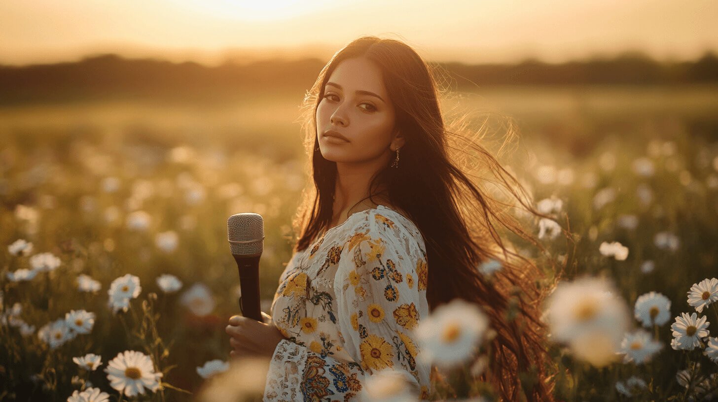 Mujer cantando música ranchera en un entorno natural al atardecer