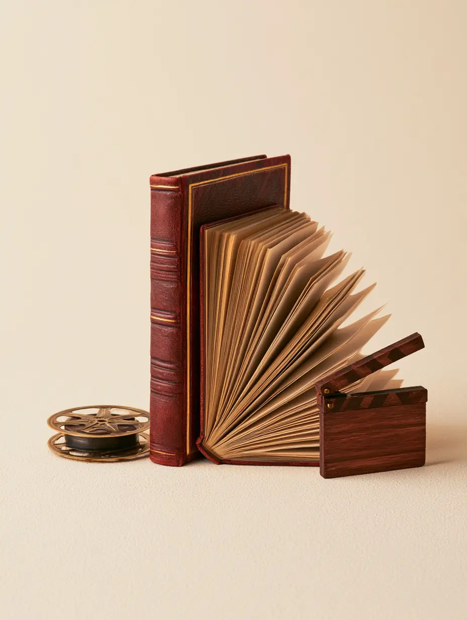Libro antiguo junto a una bobina de película y una claqueta de cine